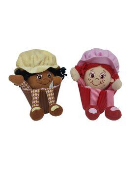 Little Miss Muffin Dolls Set of 2 Red & Brown Outfits Plush Rag Dolls 9" Tall